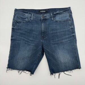 Express Mens Blue Denim Cutoff Jean Shorts Medium Wash Stretch Size 34 9" Inseam